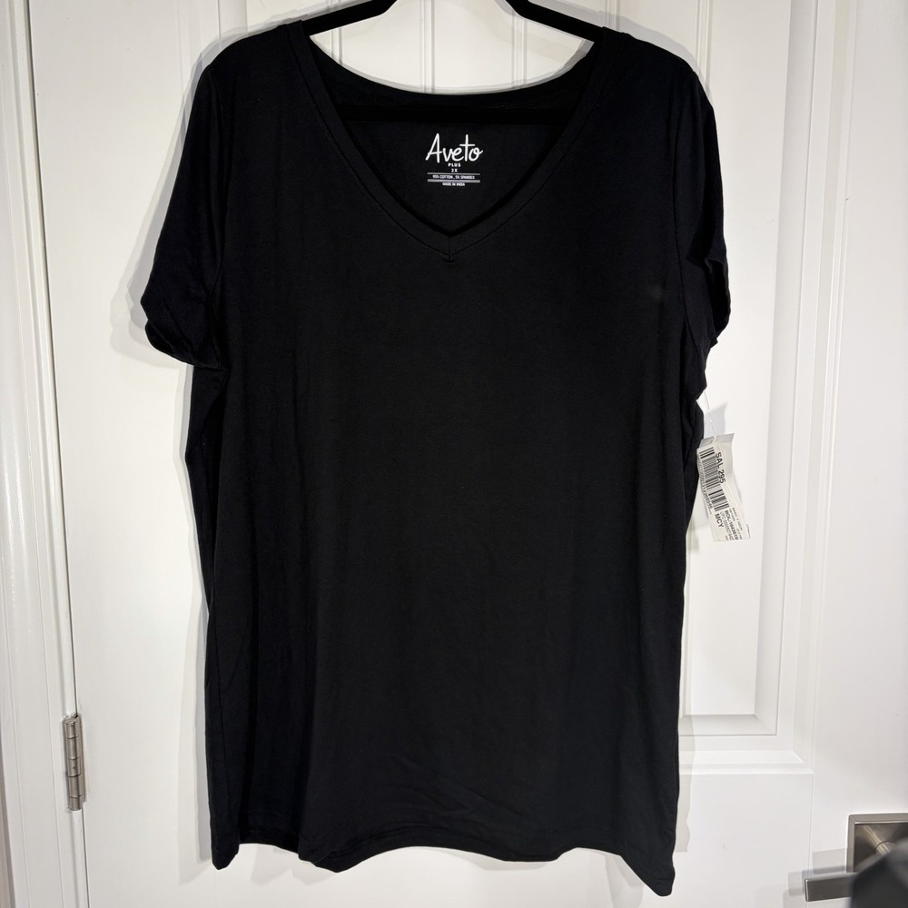 Aveto Plus Black V-Neck T-Shirt Women's 2X Cotton Stretch Basic Short Sleeve Top